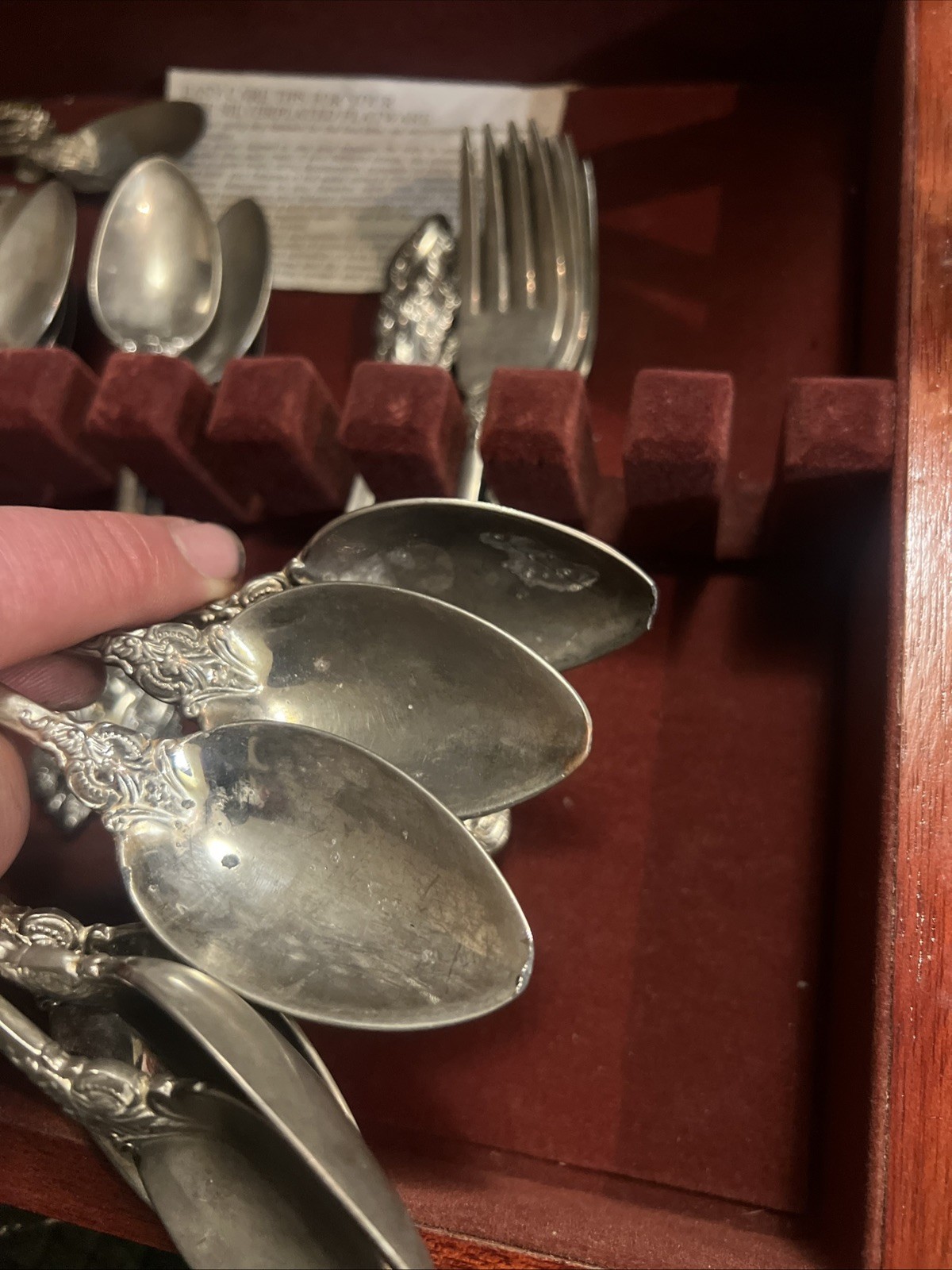 Baroque by Godinger Silver Plate Flatware Set Of 51 In Wood Felt Lined Box As Is