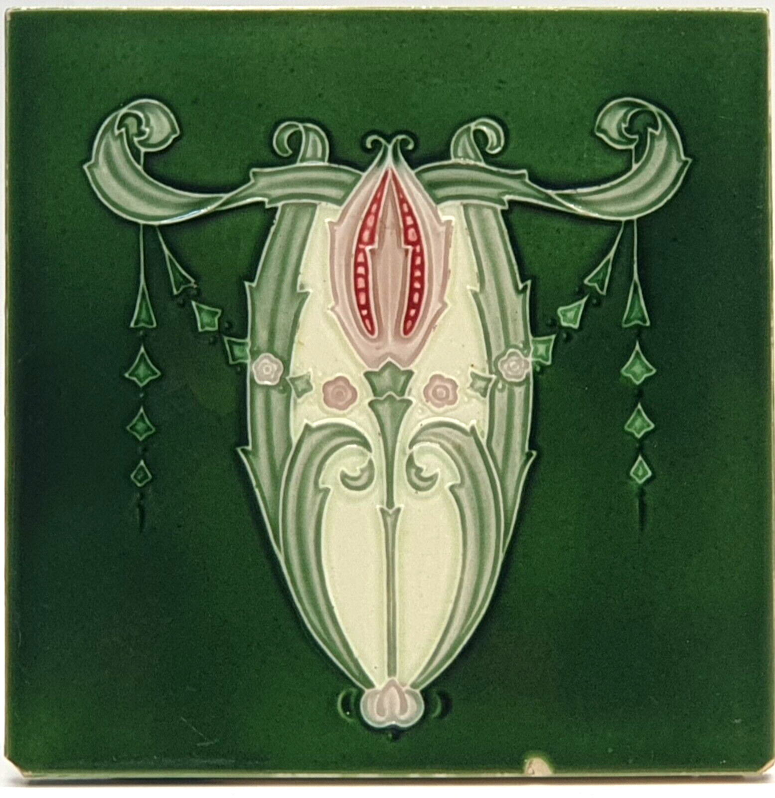 Antique Fireplace Tile Green Floral Majolica by Henry Richards C1900