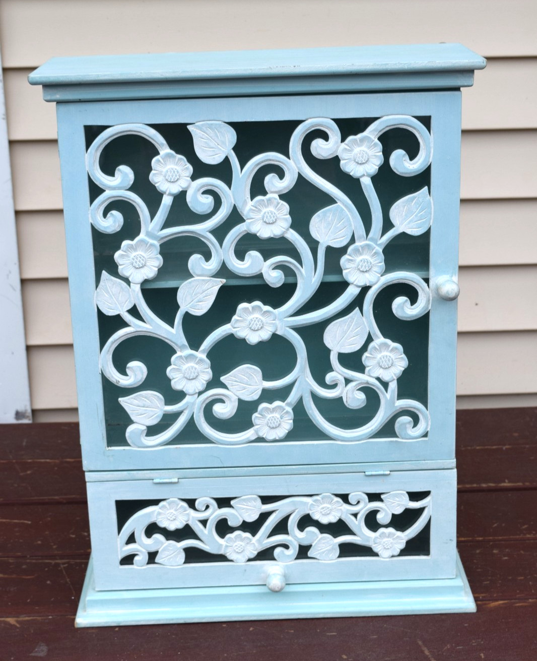 Blue Floral Wall Cabinet Cottage Coastal Bathroom Organizer Wood Glass