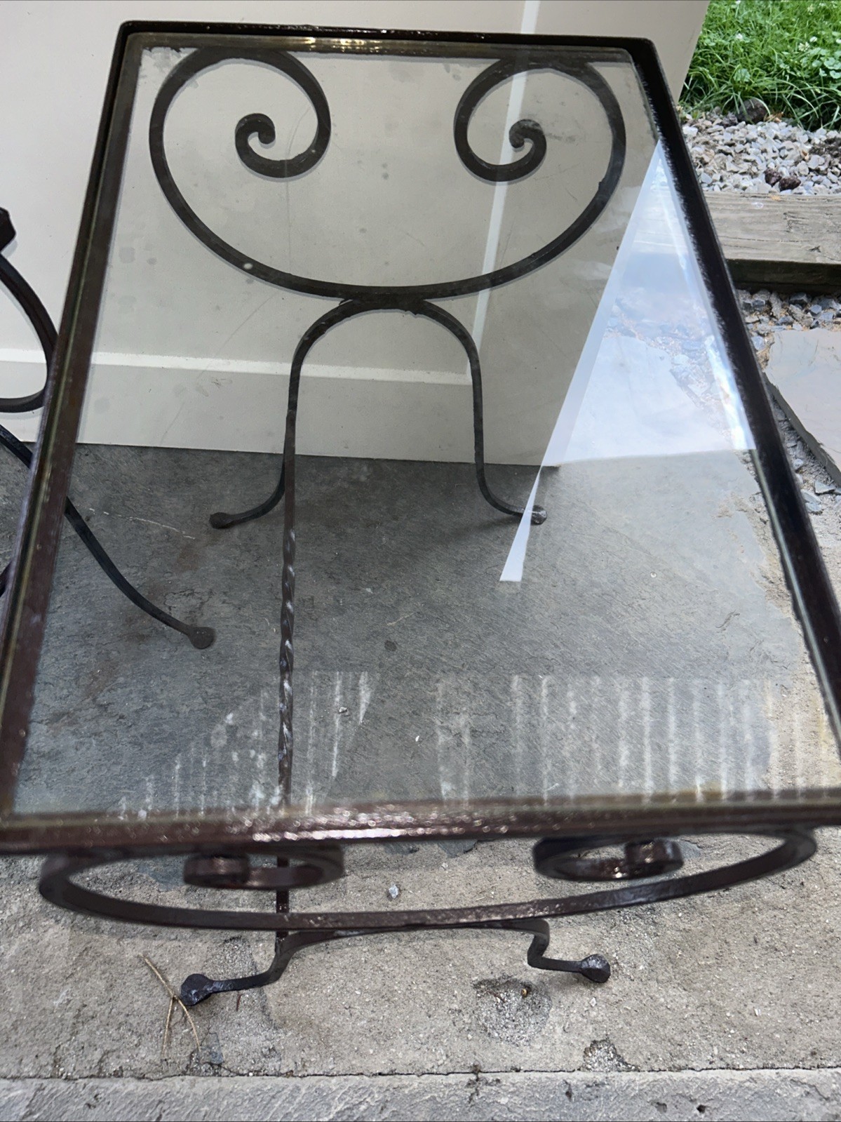 Complementary Pair NESTING Neoclassical Style Wrought Iron Glass Top Side Tables
