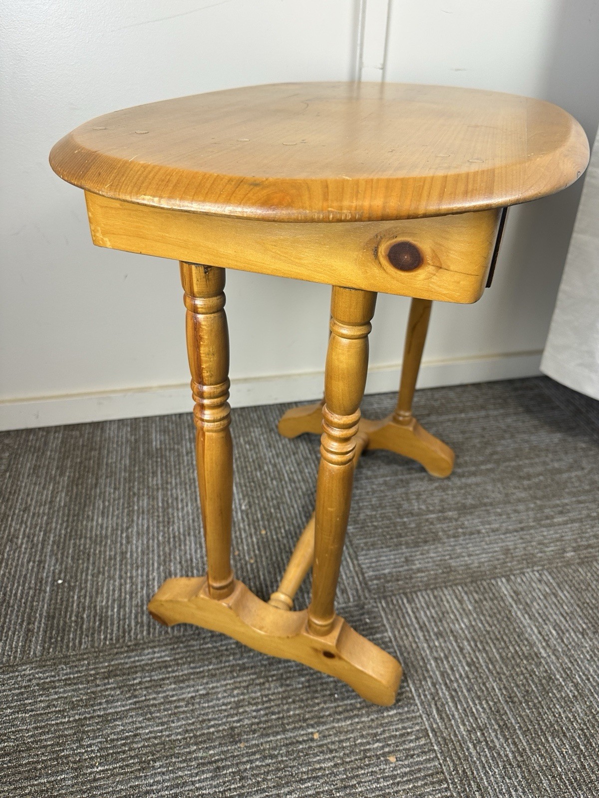 Antique Pine Bedside Table C. 1890-1915 Pegged Construction Oval Top Solid Wood