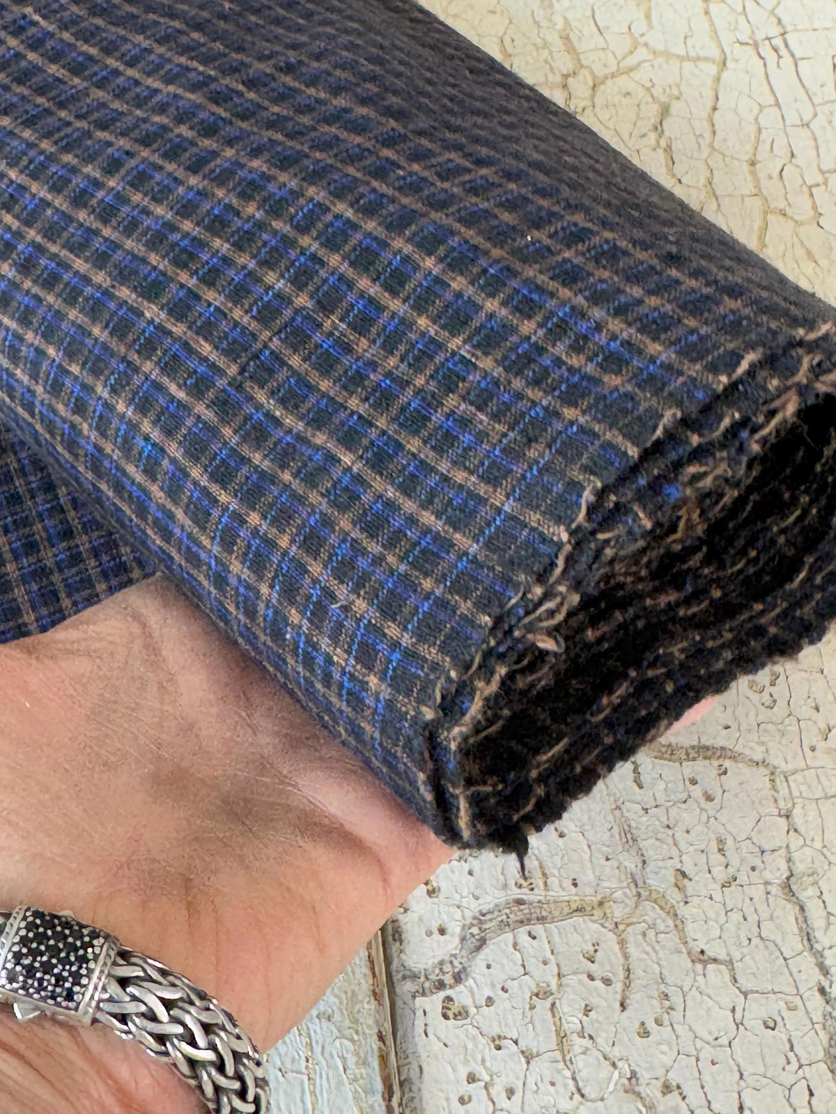 4.16 ( 8.33 avail) yards hand woven fabric Antique plaid homespun fustian Primi