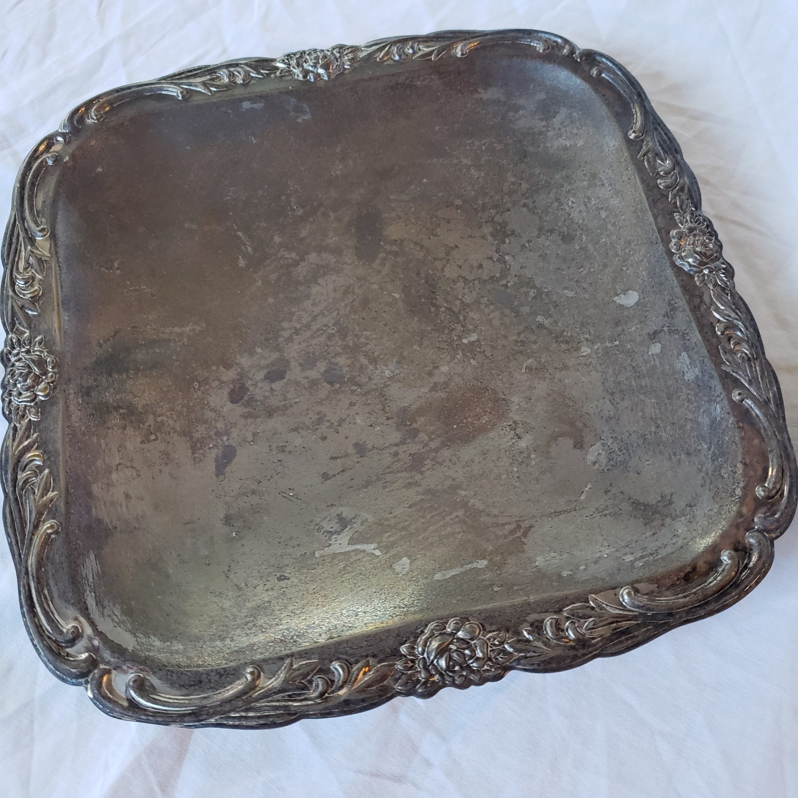 Antique Silver-Plated Square Tray Hand-Crafted Japan MS Heart Hallmark Tarnished