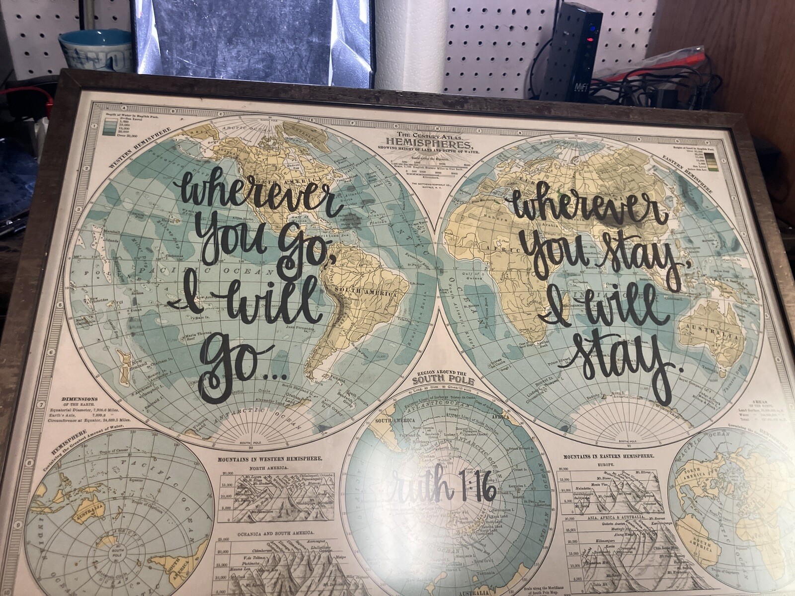 the century atlas hemispheres map with bible quote Ruth 1:16 in frame. AD