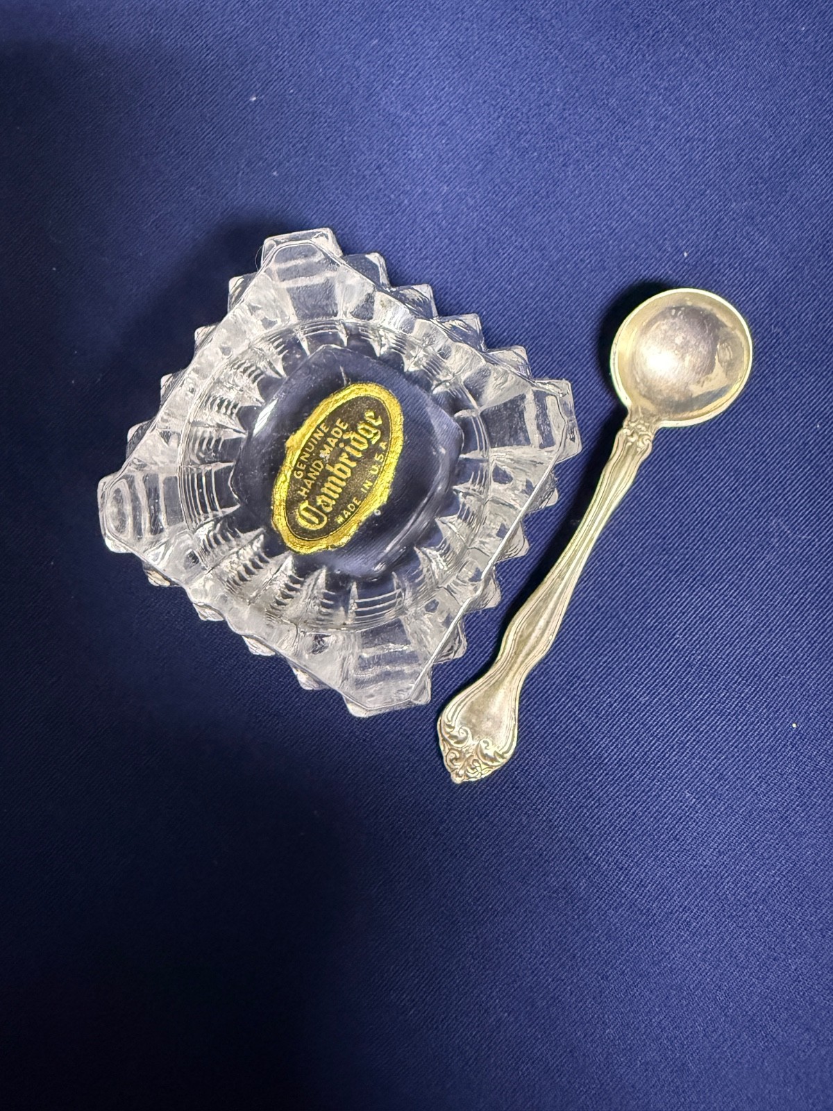 Vintage Cambridge Crystal Open Salt Cellar + Westmorland STERLING Salt Spoon