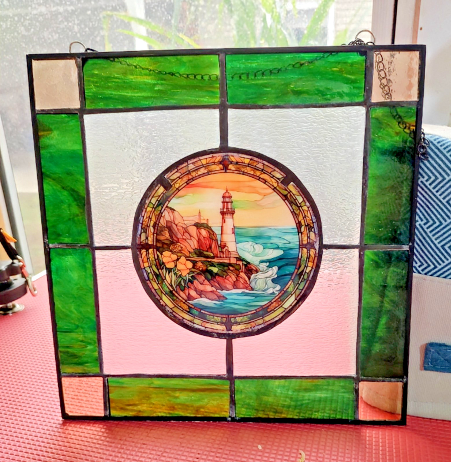 ” Lighthouse ” -Stained Glass Panel – NEW – Made in USA