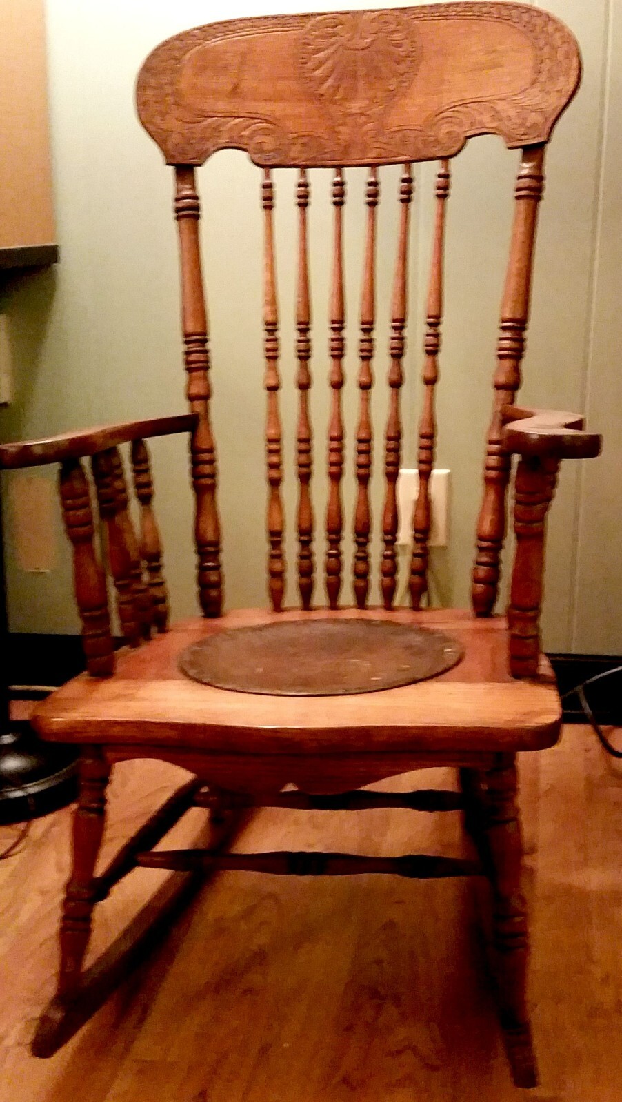 Antique Oak Tall Armed Pressed Back Rocking Chair – Leather Seat Insert 