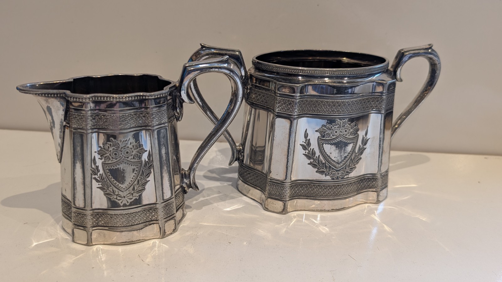 Antique Vintage James Dixon Sons Chased Silver Plated Sugar Milk Bowls
