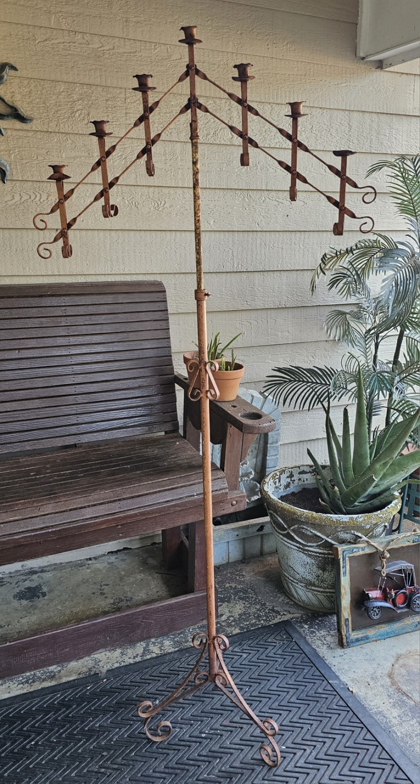 🔥🔥ANTIQUE PRIMITIVE WROUGHT IRON CHURCH ALTAR 6 CANDLES FLOOR CANDELABRA
