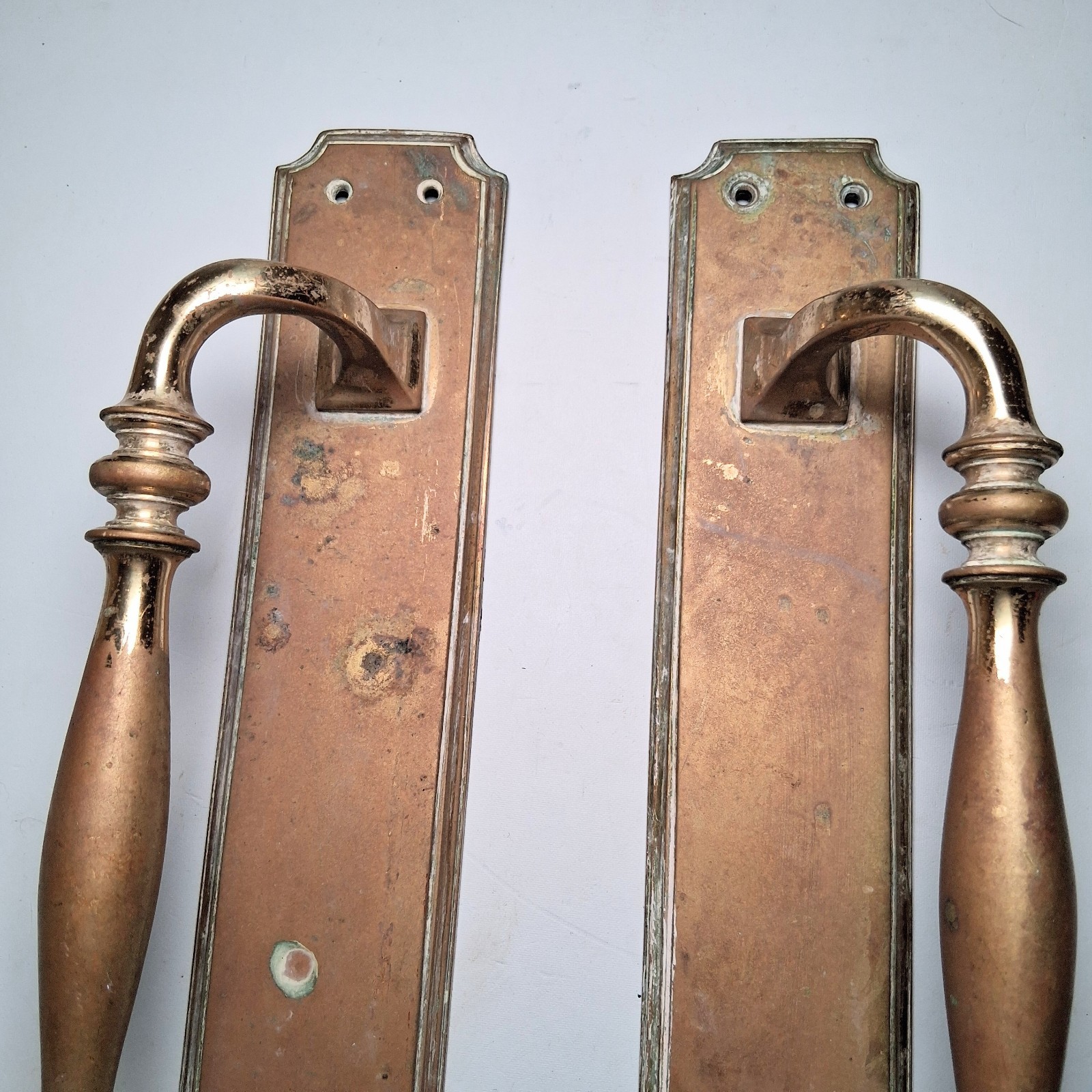 Pair Antique Brass Large Pull Handles 15″ Edwardian Scroll Style Patina