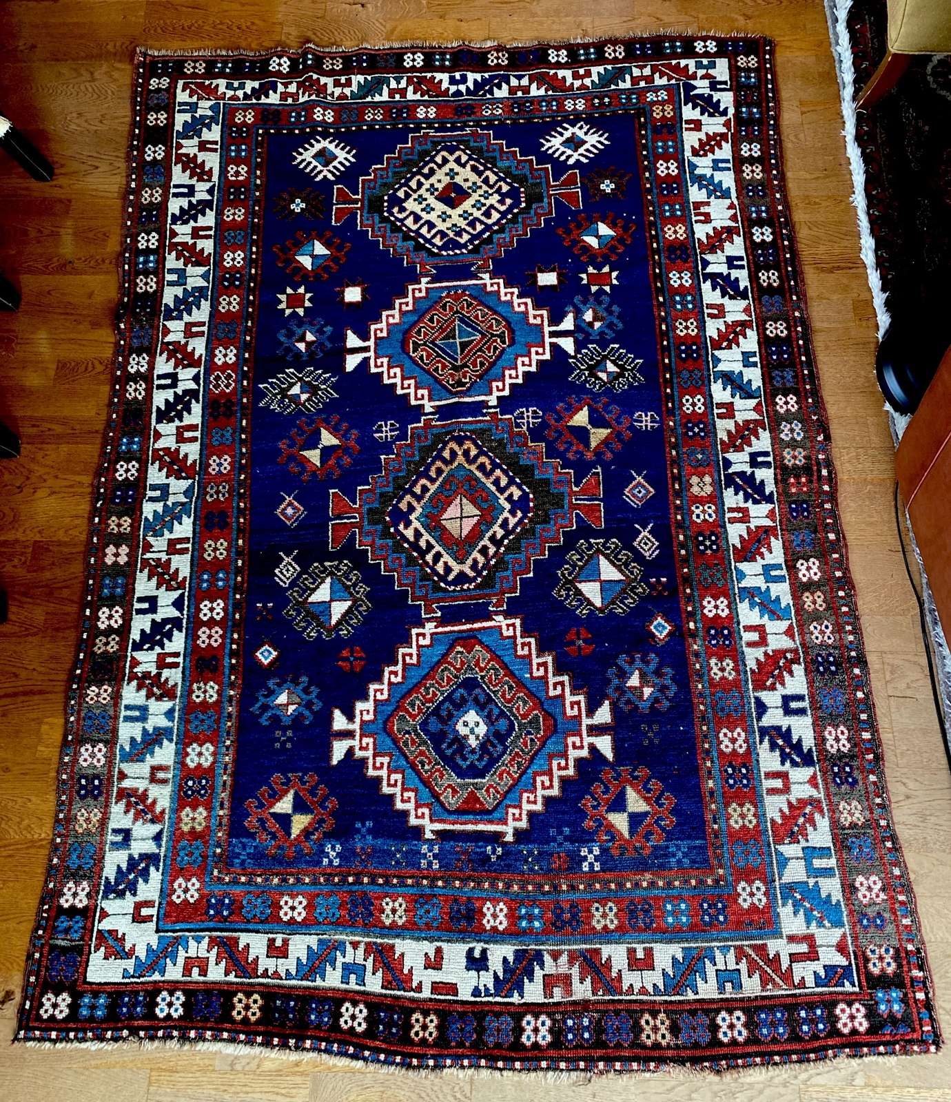 Antique 5 X 7 Kazak Caucasian Rug, Circa 1900 Stunning Cobalt Blue Ivory Ruby
