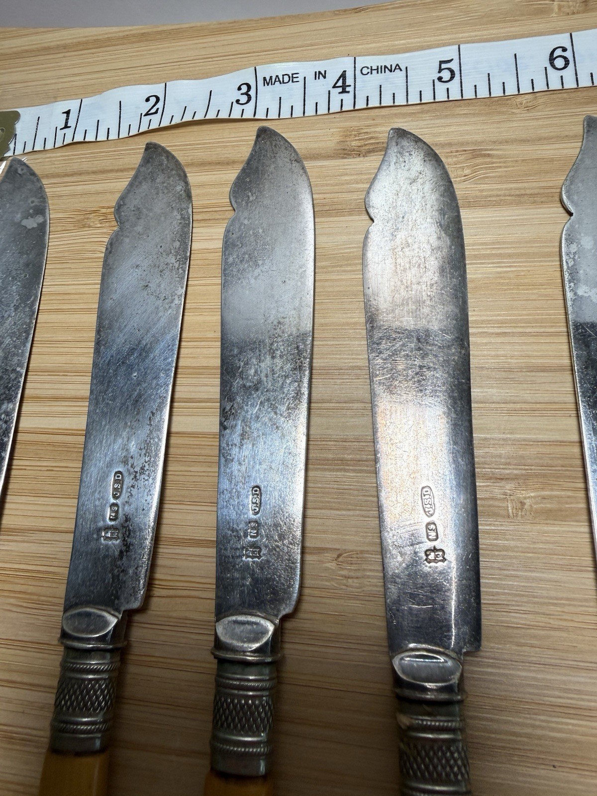 Antique Victorian Silver Plate Fish Knives Engraved with French Ivorine Handles