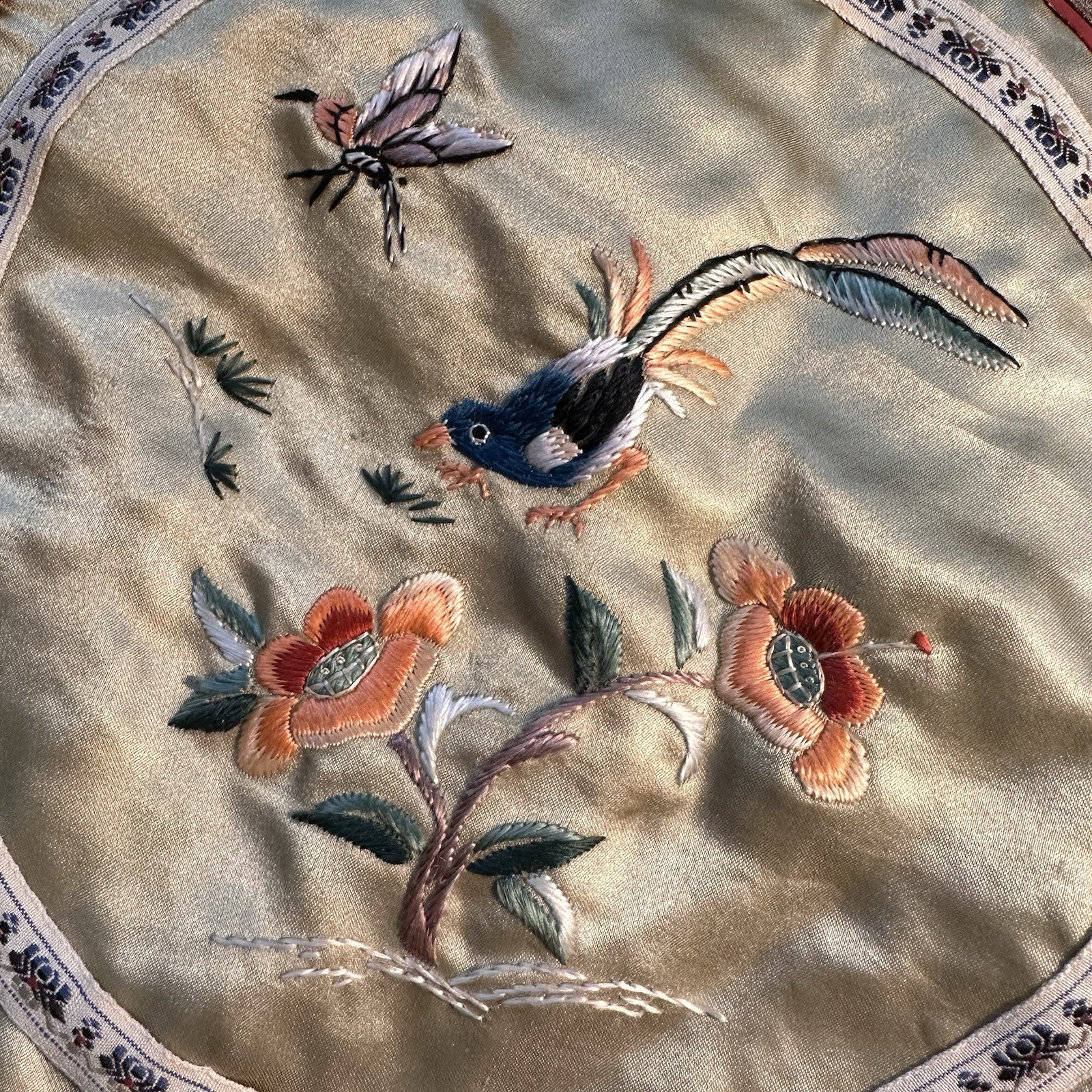 Vintage Chinese Silk Embroidered Panels Set 6 Birds Floral Roundels 1950s 30cm