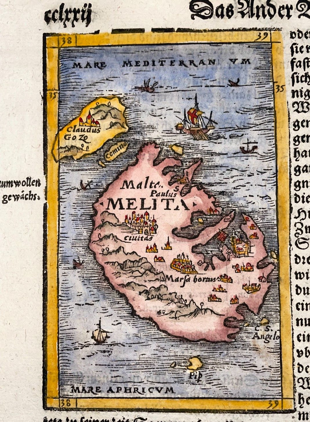 MALTA 1578 COSMOGRAPHY OF MUNSTER ANTIQUE MAP GERMAN EDITION