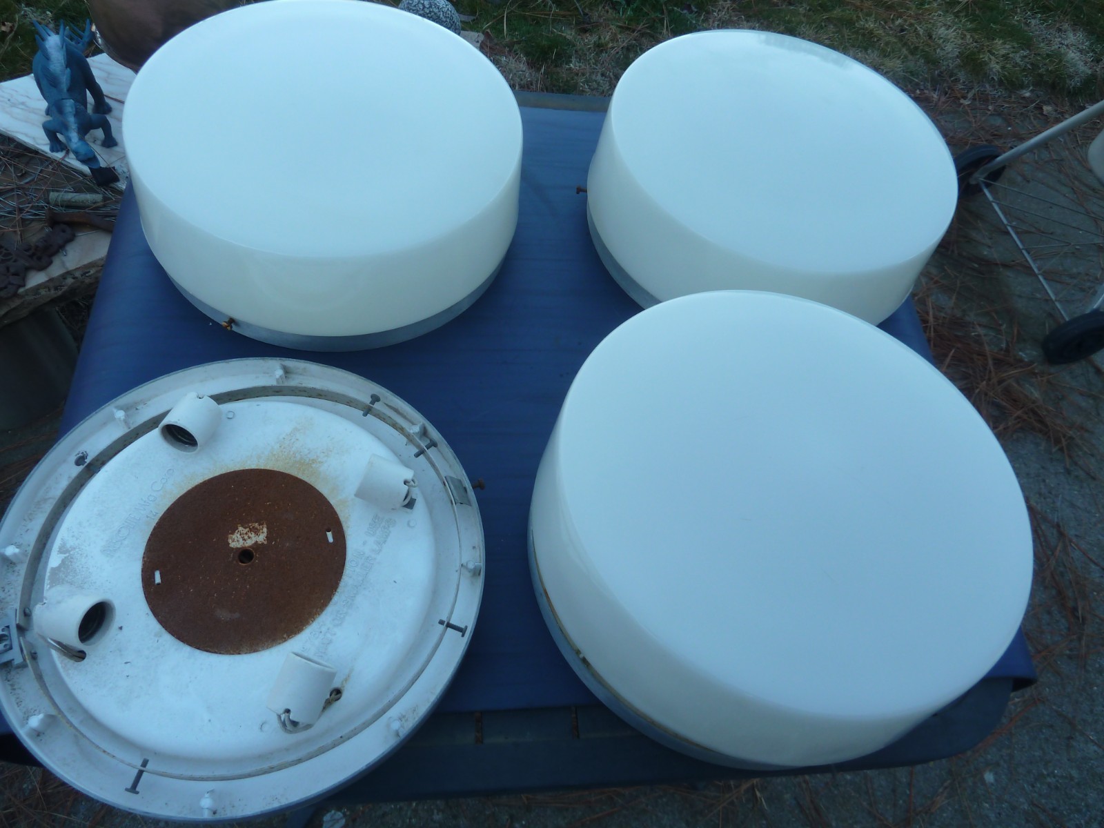 three mid century industrial Prescolite#14 light fixtures 13 inch diameter glass