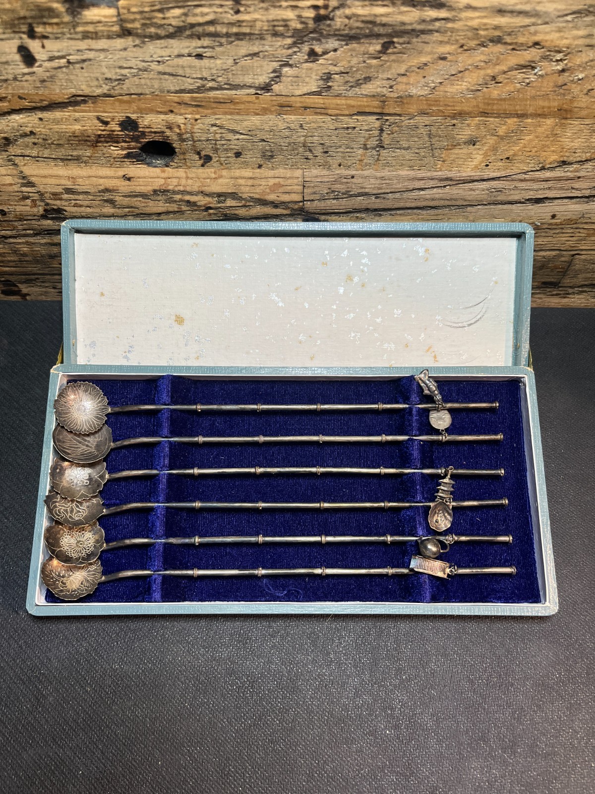 Japanese 950 Sterling Silver Figural Iced Tea Spoons w Floral Bowls Boxed Set 6