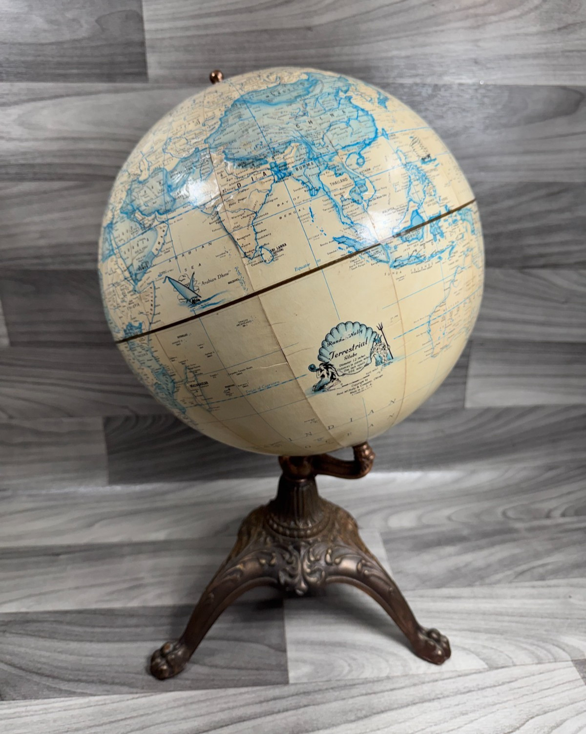 VINTAGE RAND MCNALLY TERRESTRIAL GLOBE 12” WITH OLD IRON METAL ORNATE BASE
