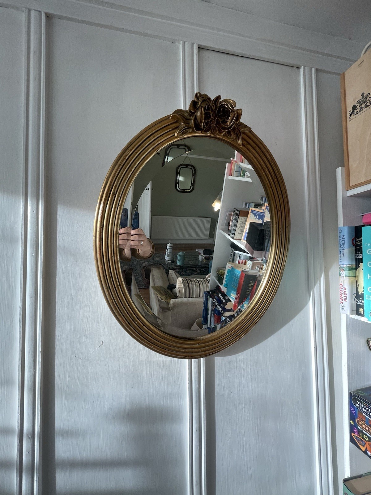 Vintage French Bevelled Oval Mirror Carved Rose Gold Hall Mirror Wall Hanging