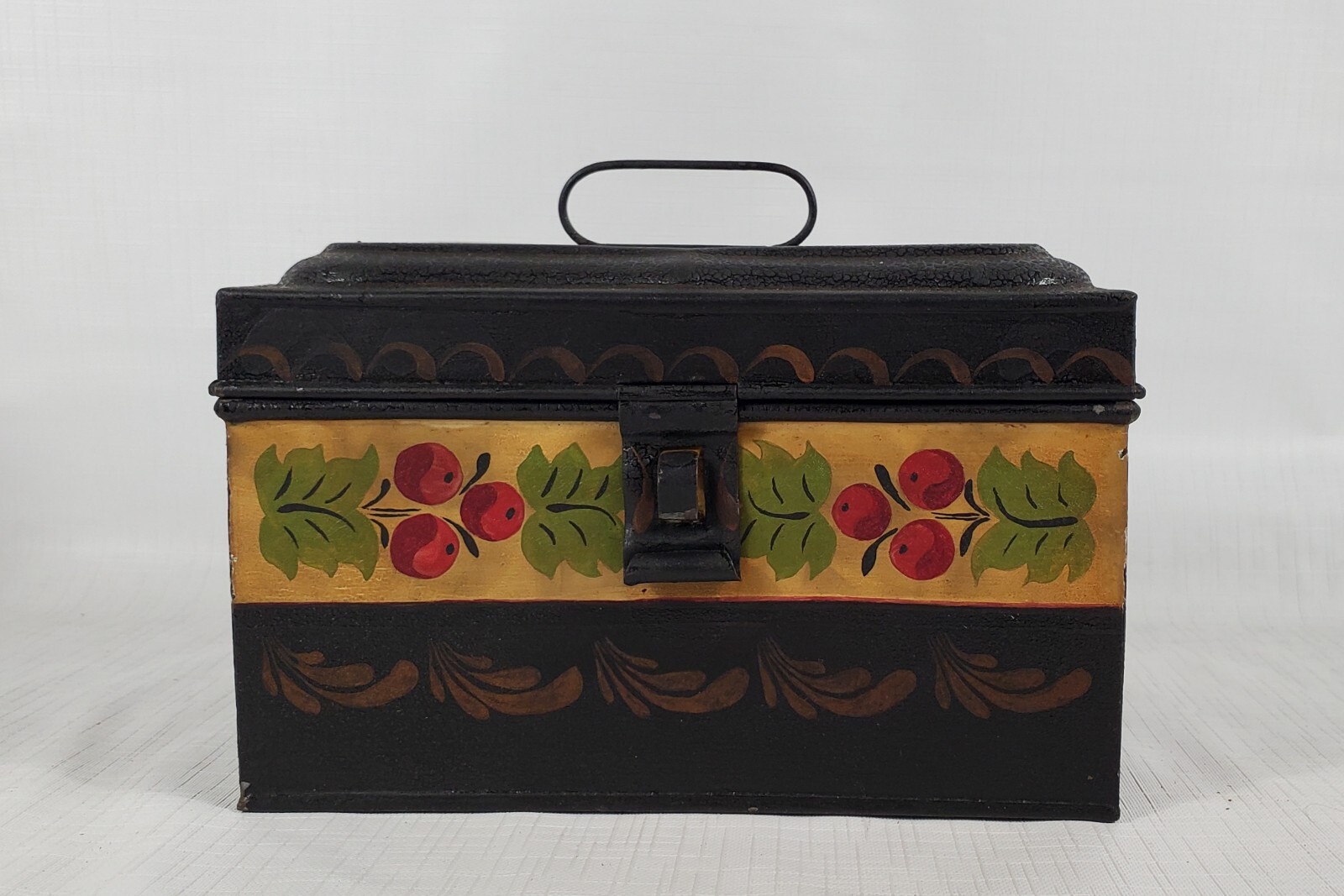 antique toleware tin document box – wire handle Cherry painting