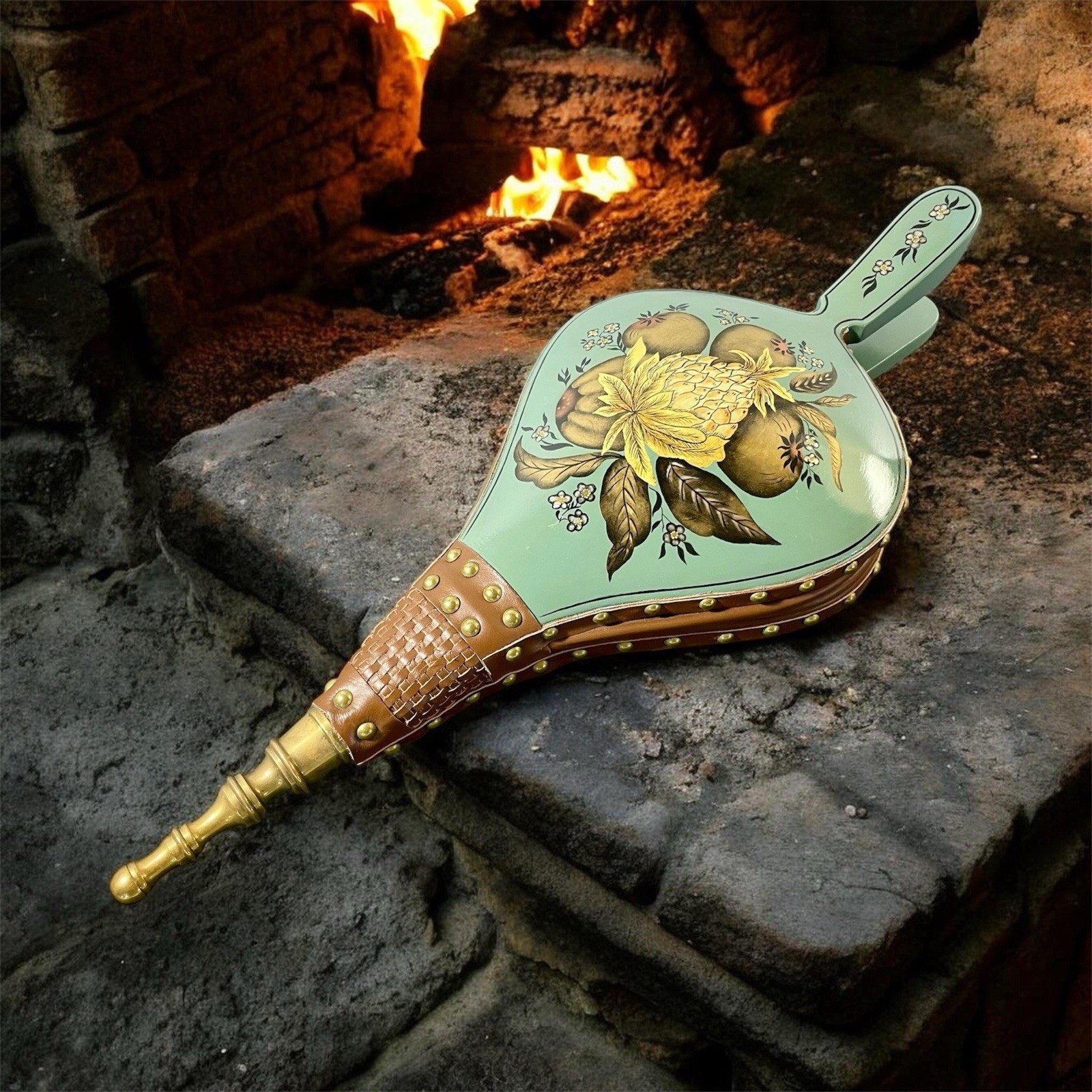 Tole Style Fireplace Bellows Hand Painted Brass Leather Vintage Hearth Decor