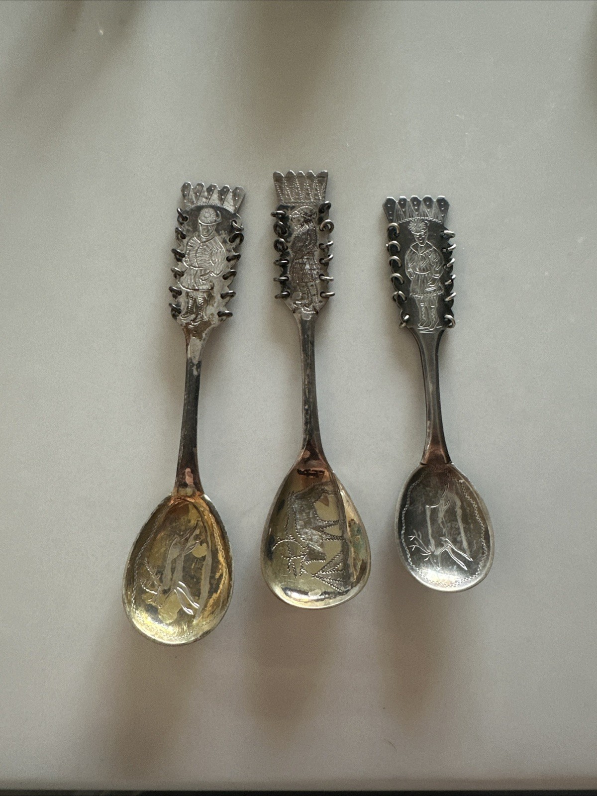 Three Vintage Swedish Silver Spoons 40 grams Etched Reindeer, Man, Woman