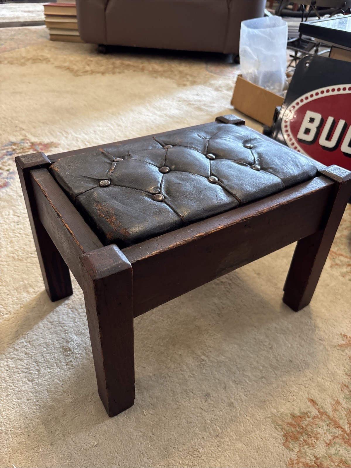 Antique Oak Arts And Crafts Craftsman Style Footstool Gout Stool Leather Top
