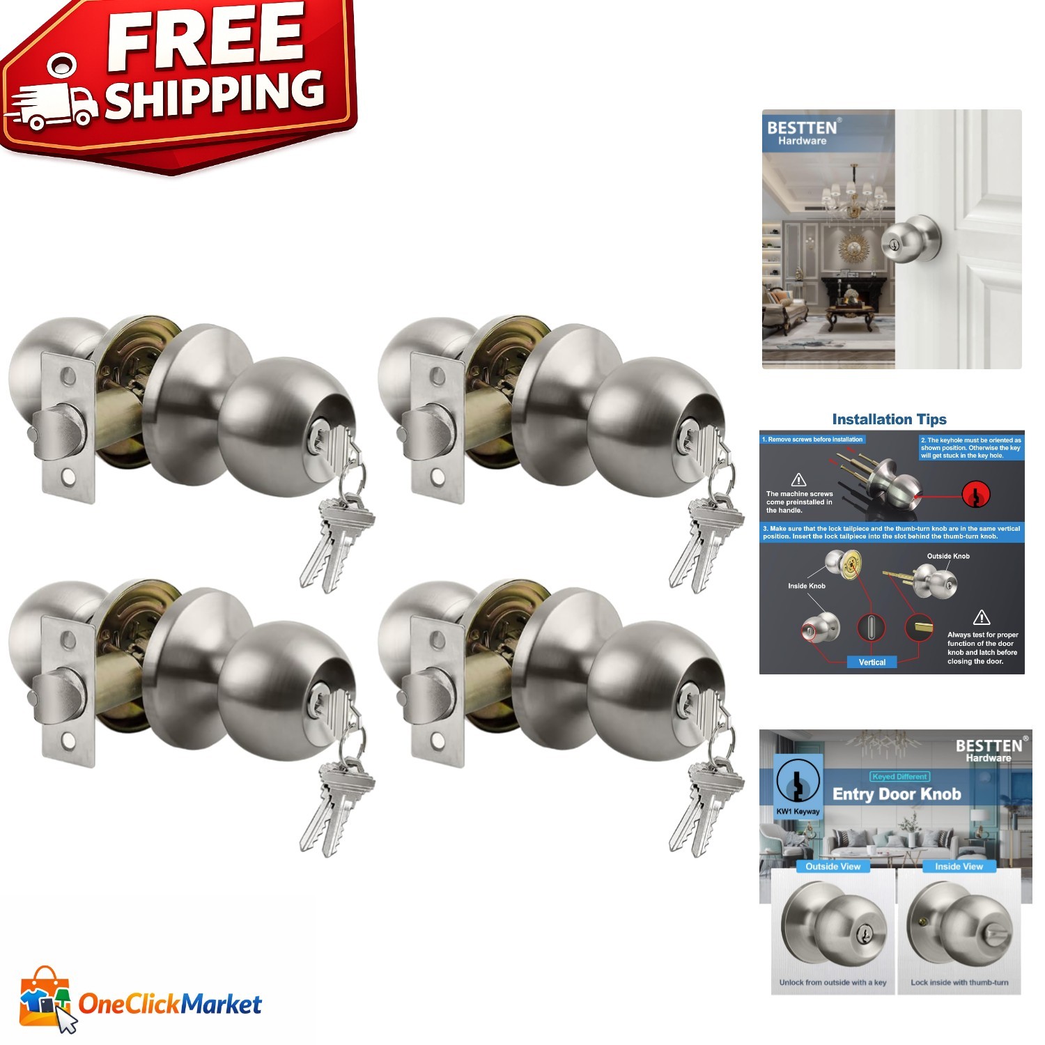 Keyed Different Entry Door Knobs – 4 Pack Satin Nickel, All-Metal Construction