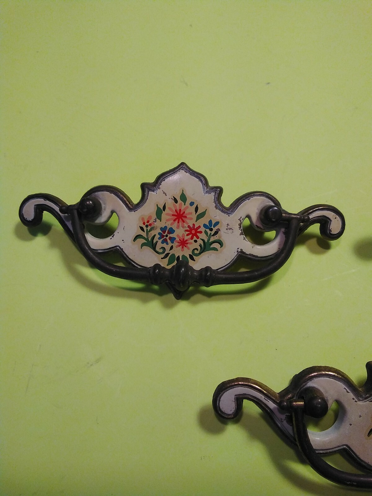 5  PAINTED FLOWERS ORNATE PULL HANDLES, used on 3 in. Centers 5.75 IN.WIDE.