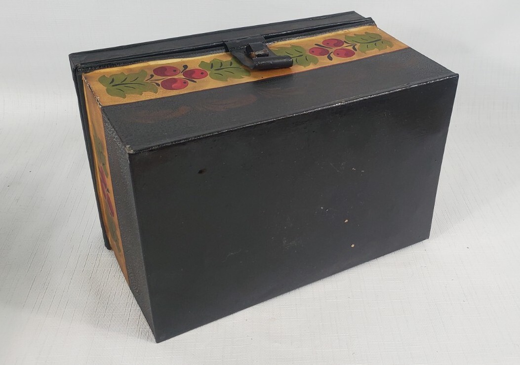 antique toleware tin document box – wire handle Cherry painting