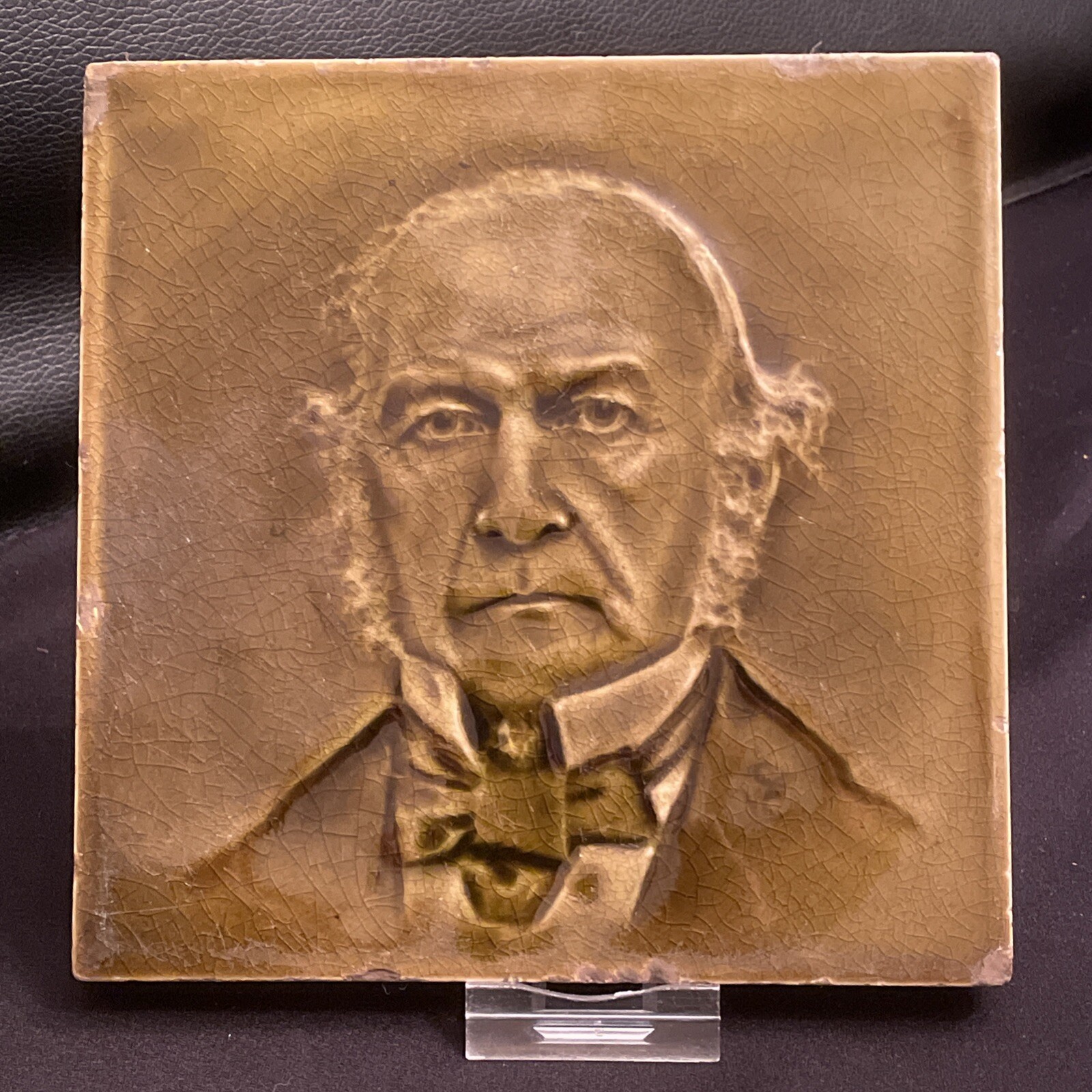 ANTIQUE SHERWIN & COTTON EMAUX OMBRANTS GLADSTONE Moulded PORTRAIT TILE c1890 6”