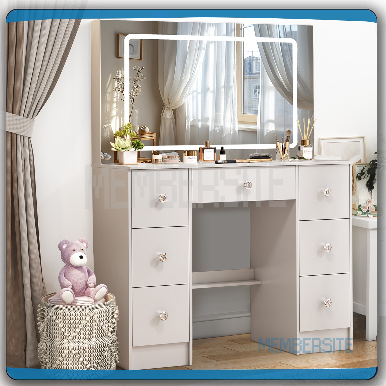NEW Vanity Table with Large Smart LED Mirror 7 Drawers Wood Makeup Dressing Desk