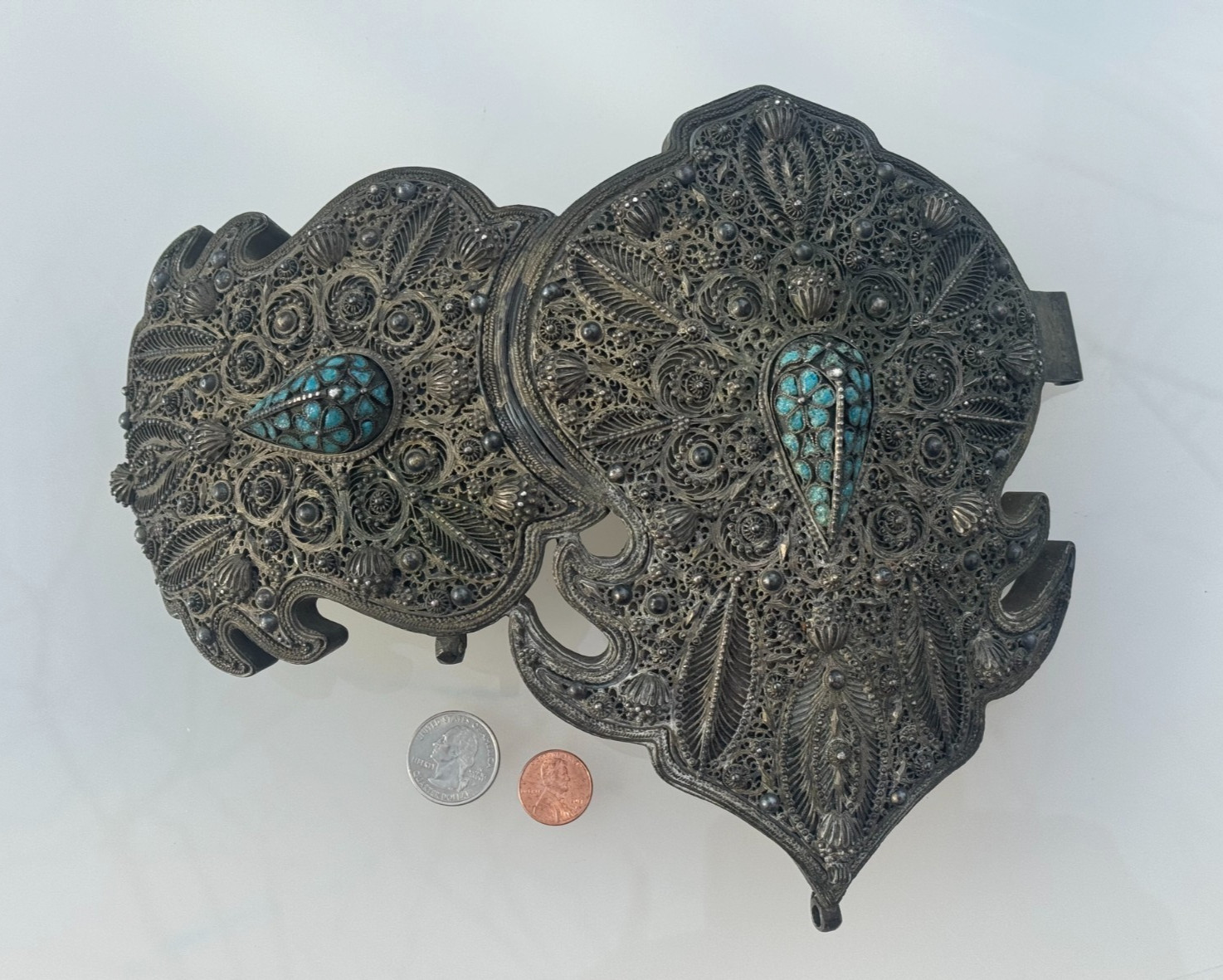 LARGE ANTIQUE FILAGREE METAL TURQUOISE INLAY VICTORIAN ART NOUVEAU ORNAMENT 10″