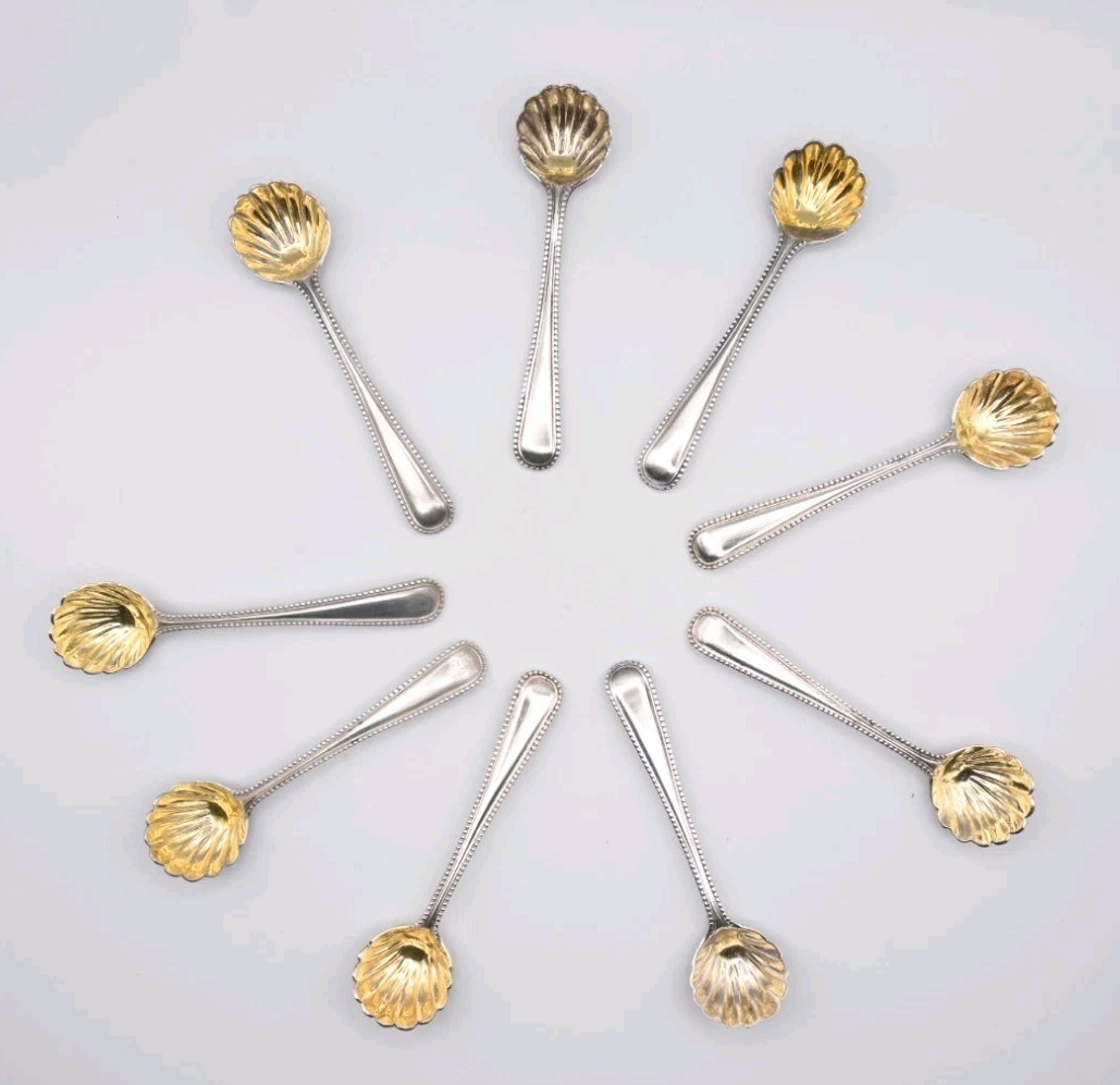 Rare Set Of 9 Antique Silver Salt Spoons Hallmarked London George Adams Gilded