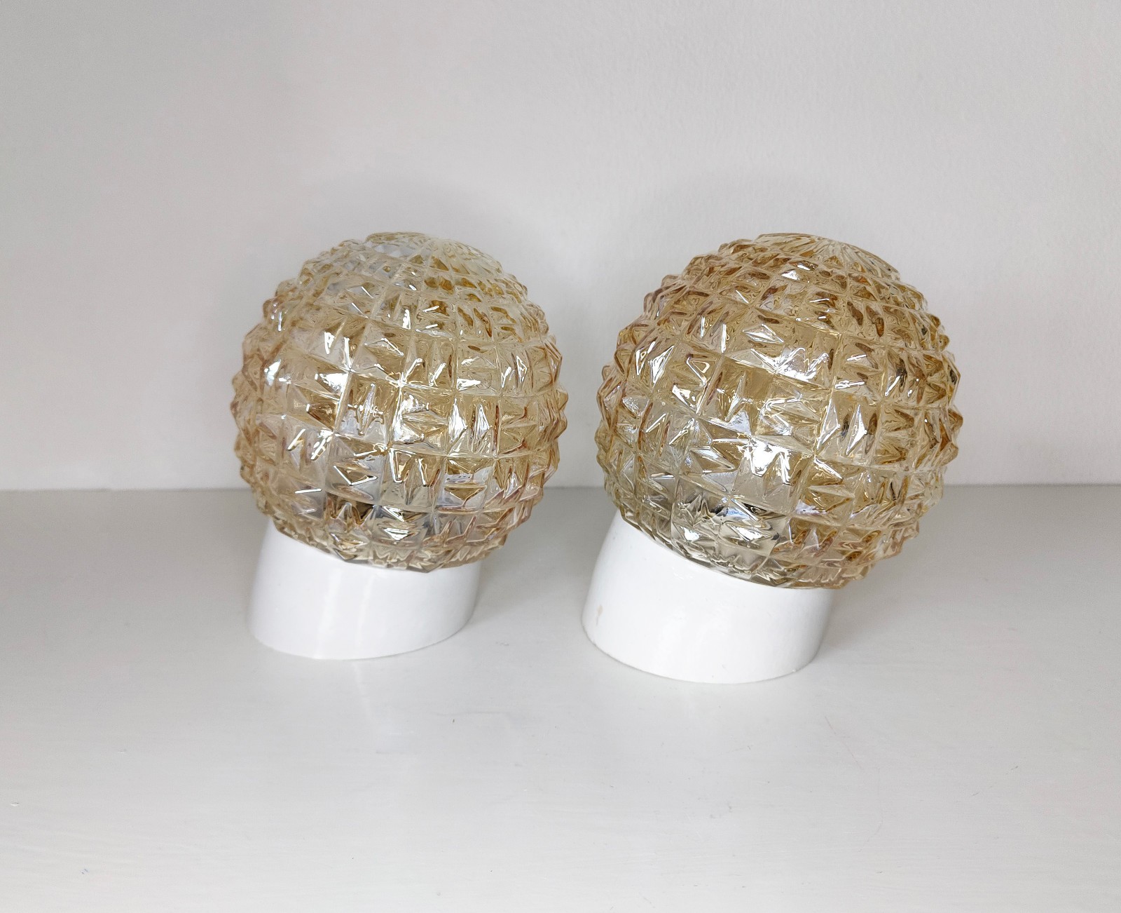 Pair of glass plafonniers, wall lamps, Scandinavian mid century lighting, 1960s