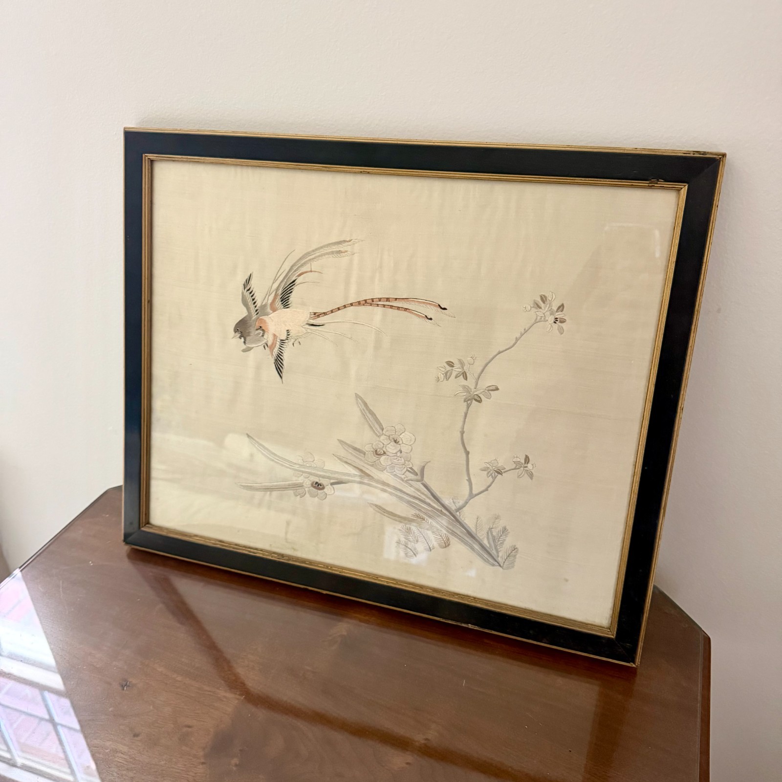 Chinese Silk Embroidery Birds Panel Framed Scissortails on Branch Vintage