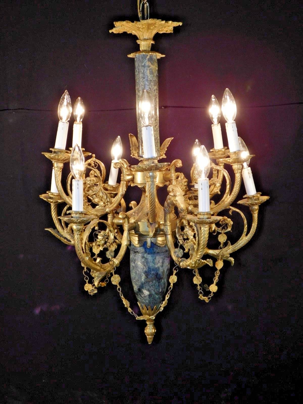 ANTIQUE Huge 12 Arm 12 Light Fancy Bronze Green Marble Ram’s Head Chandelier