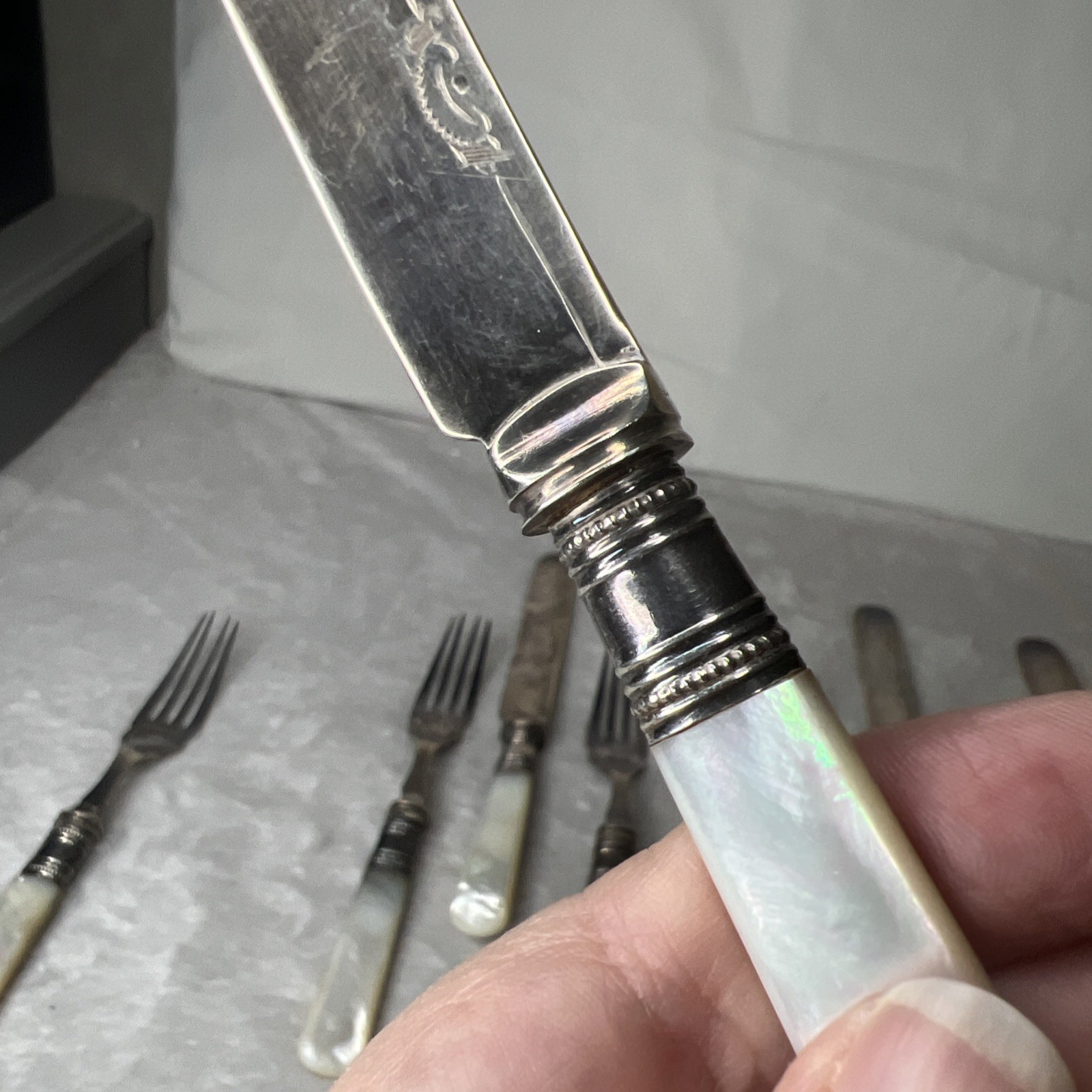 Lot Set 12 Mother of Pearl Fish Knives Forks Sterling Band Ferrule Storage Cloth