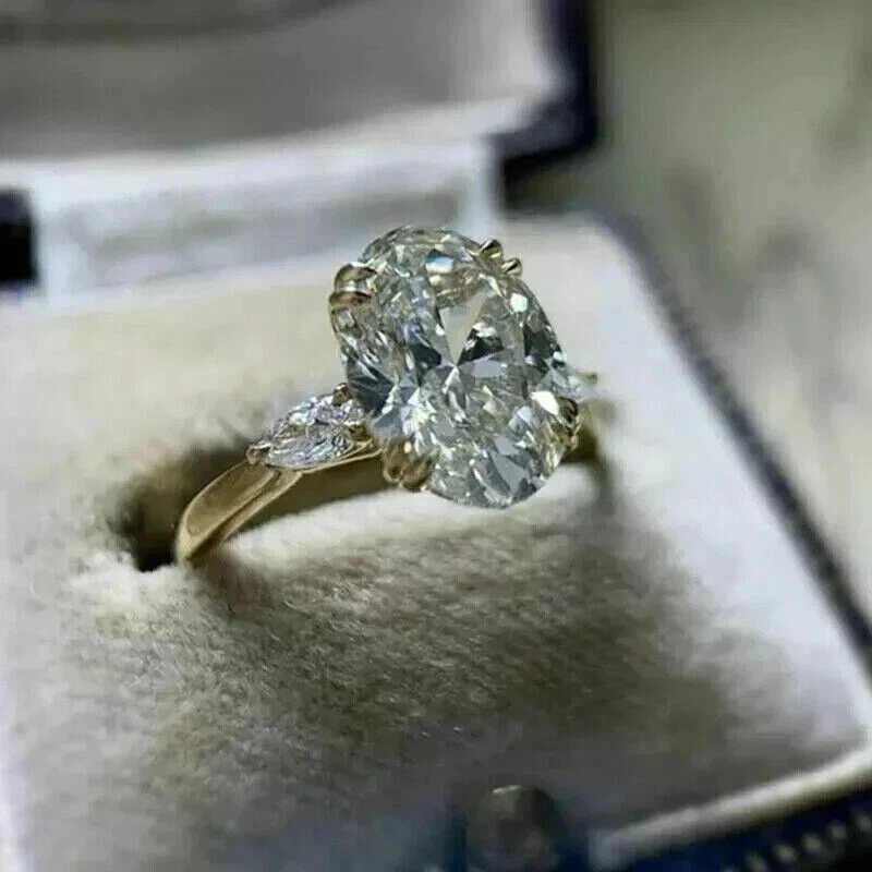 3Ct Oval-Cut Lab Created Solitaire 3Stone Engagement Ring 14K Yellow Gold Plated
