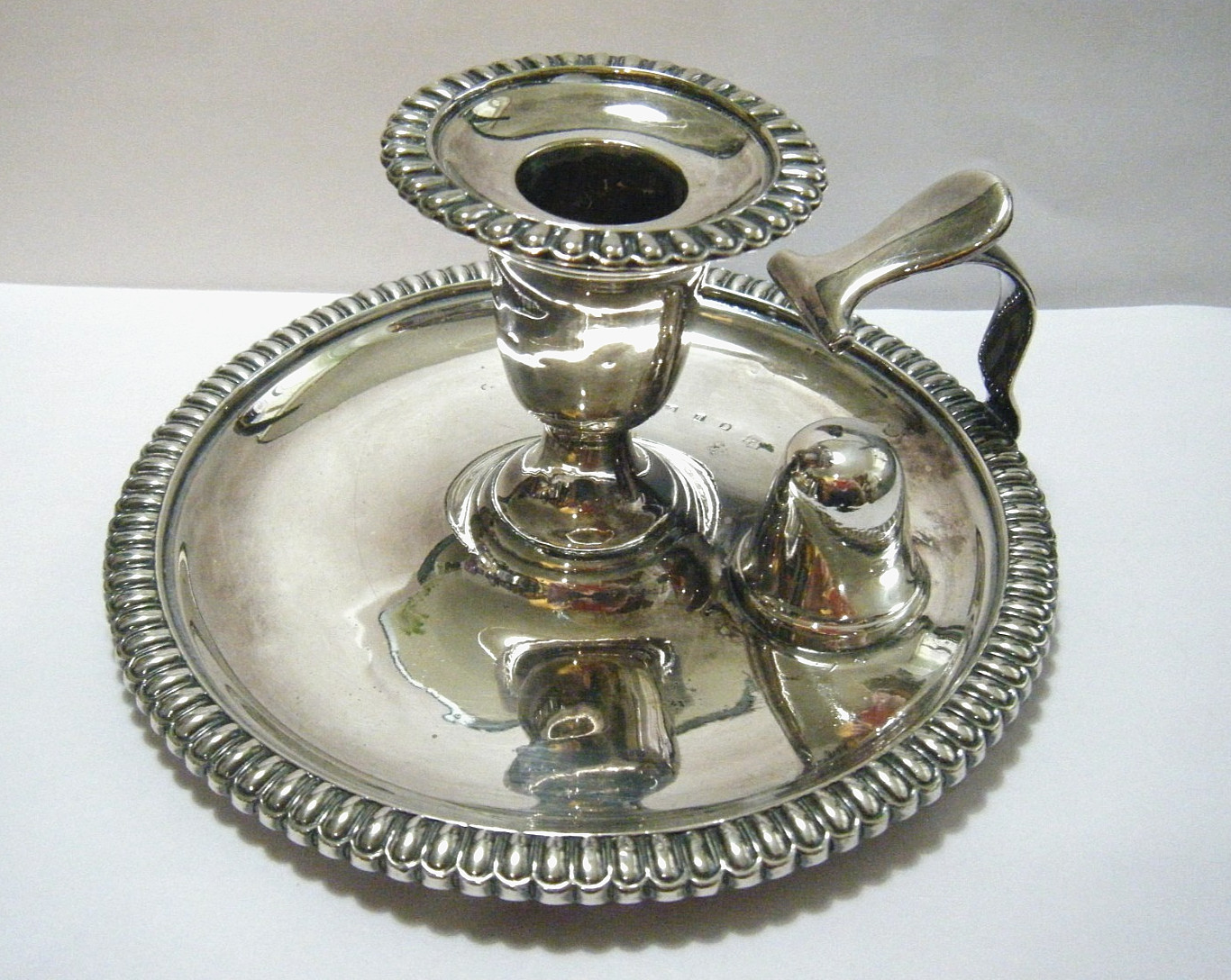 19th C English Silver Plate Candle Chamberstick with Bobeche & Snuffer Holder