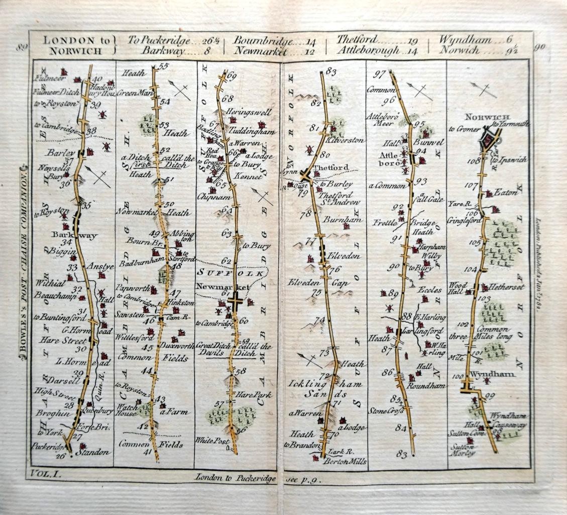CAMBRIDGESHIRE NORFOLK ROAD MAP BY CARINGTON BOWLES c1782 GENUINE ANTIQUE