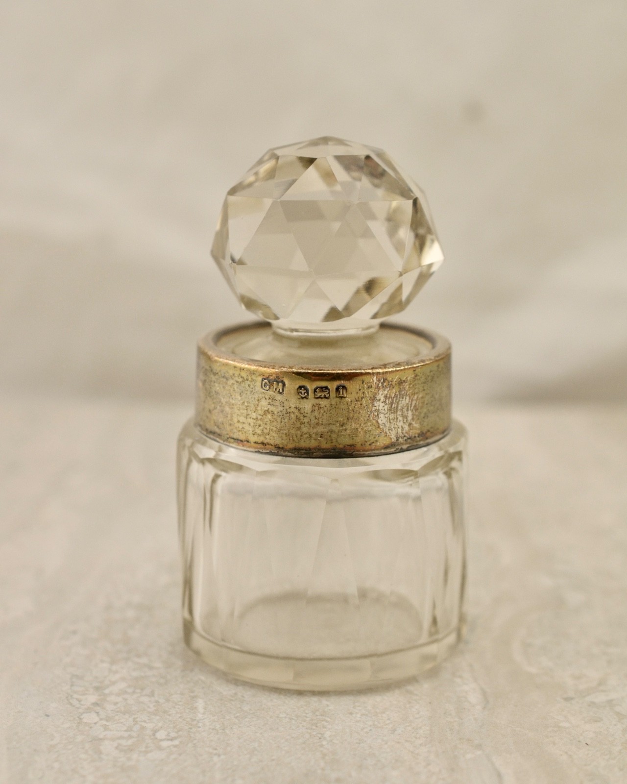 Antique C.1908 Birmingham Sterling Silver & Crystal vanity jar / perfume bottle