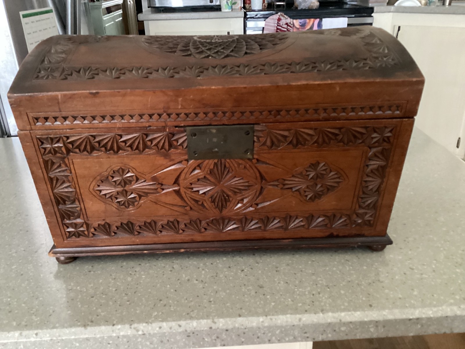 Antique Hand Chip Carved Domed Box 15 3/4″ wide x 9 1/8″ deep x 10 1/8″ high