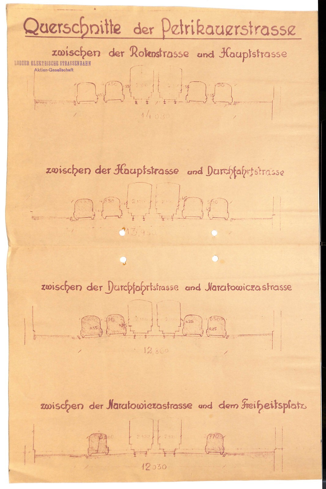 Antique map, Manuscript topological map of tramway system in Lodz, Poland, 1937