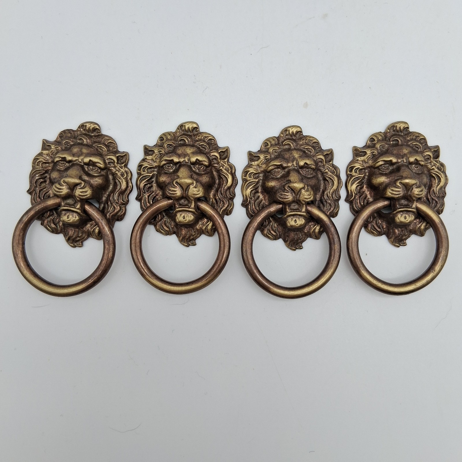 Set of 6 Solid Brass Lion Head Drawer Pulls Ring Handles Cabinet Hardware Vtg