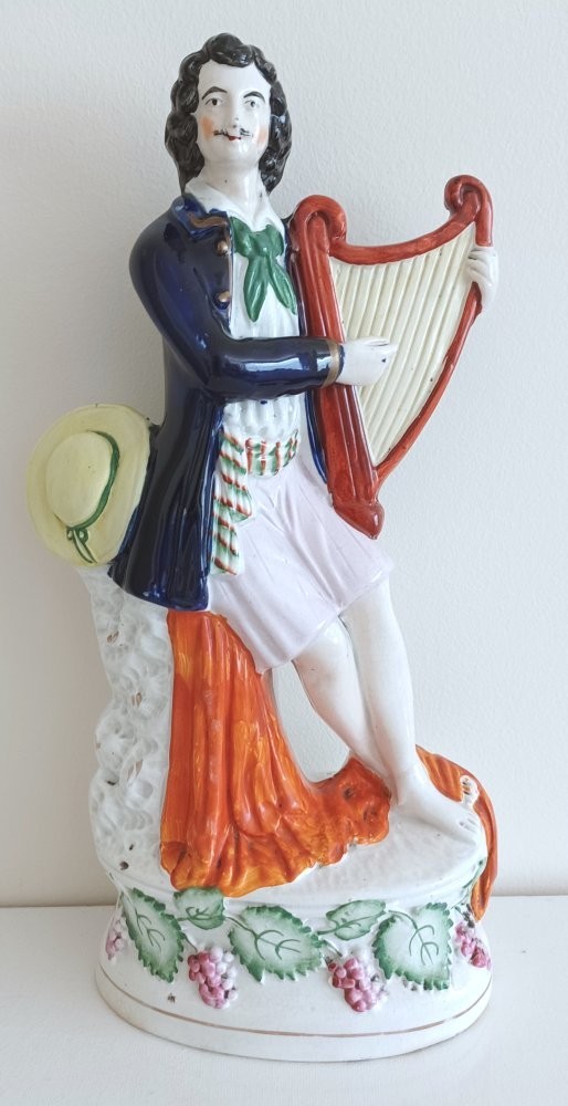 Staffordshire Musician With Harp, 12″ x 5 1/2″, in Nice Condition, #35