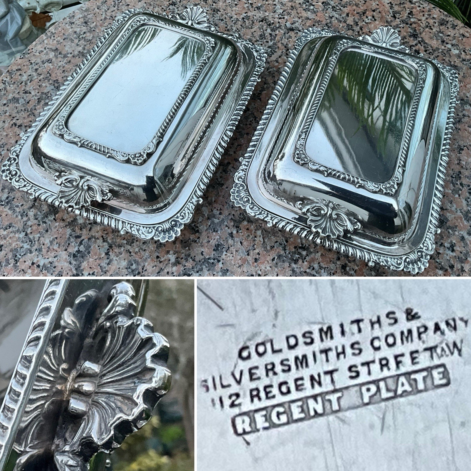 C1880 Pair GOLDSMITHS REGENTS PLATE ENTREE DISHES Georgian Style SCALLOP HANDLES