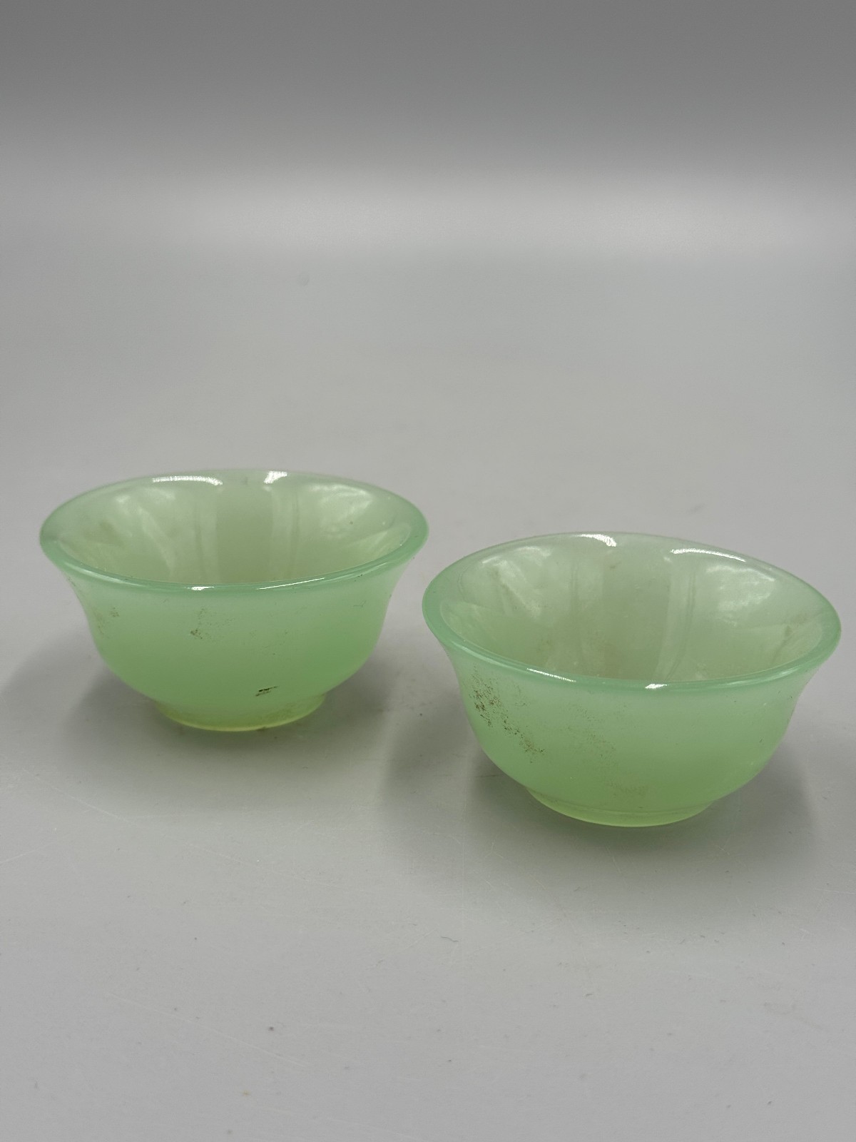 Pair of Antique 19th c. Chinese Jade Green Peking Glass Cups 2 3/4”