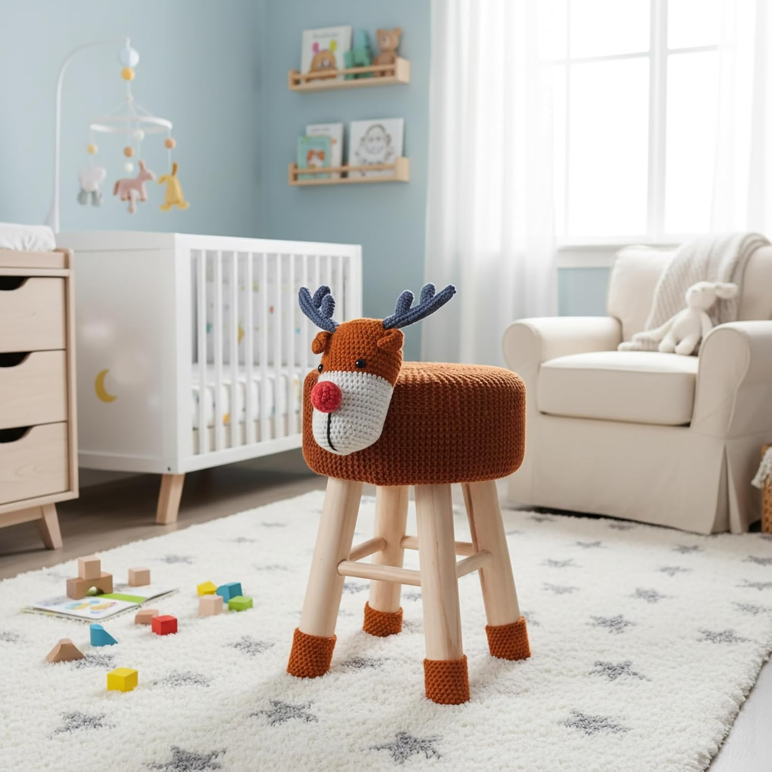 Cinnamon Woodland Deer Stool for Kids – Plush Ottoman Chair with Pine Legs