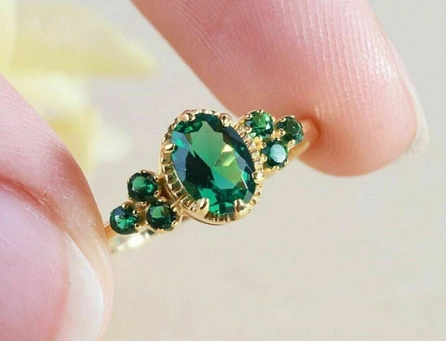 2.50Ct Oval Cut Lab Created Green Emerald Christmas Ring 14K Yellow Gold Finish