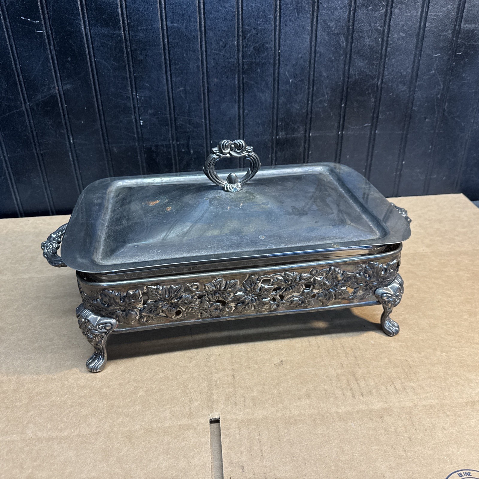 Vintage Silver Plate Casserole Serving Dish W/ Pyrex Insert 12”x8”